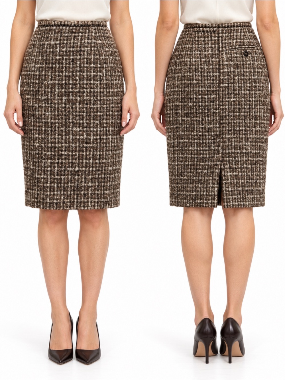 Jones New York Brown Wool Tweed Pencil Skirt Preppy Size 8 Office Chic Old Money